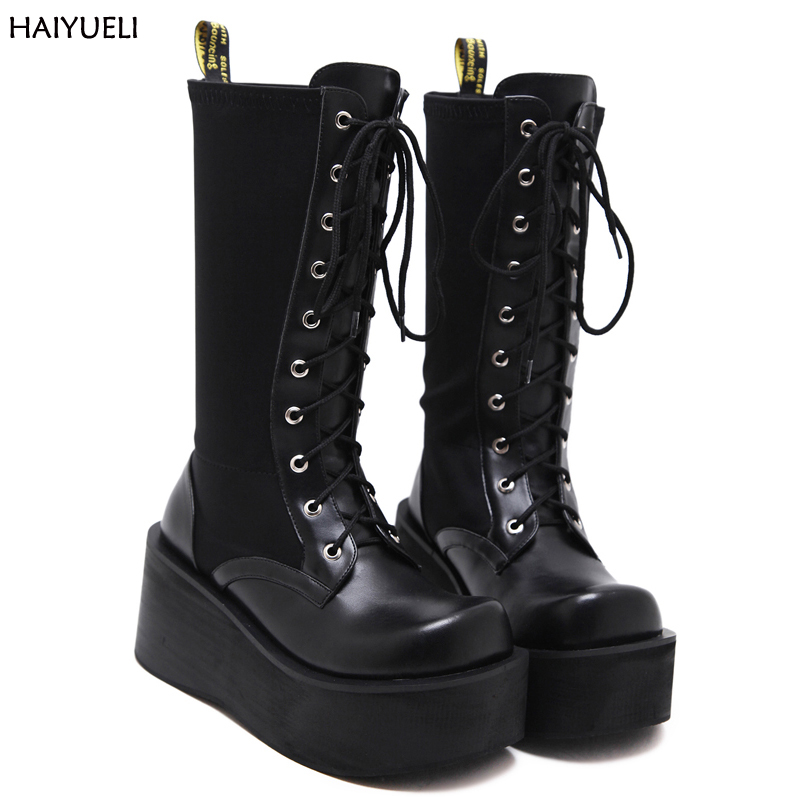 Demonia-Style-Women-Black-Boots-Casual-Mid-Calf-Wedges-Platform-High ...