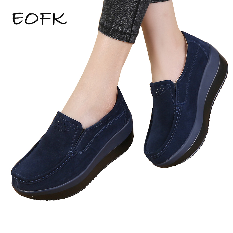 Eofk Women Flat Platform Loafers Ladies Elegant Suede Leather Moccasins Shoes Woman Slip On 8415